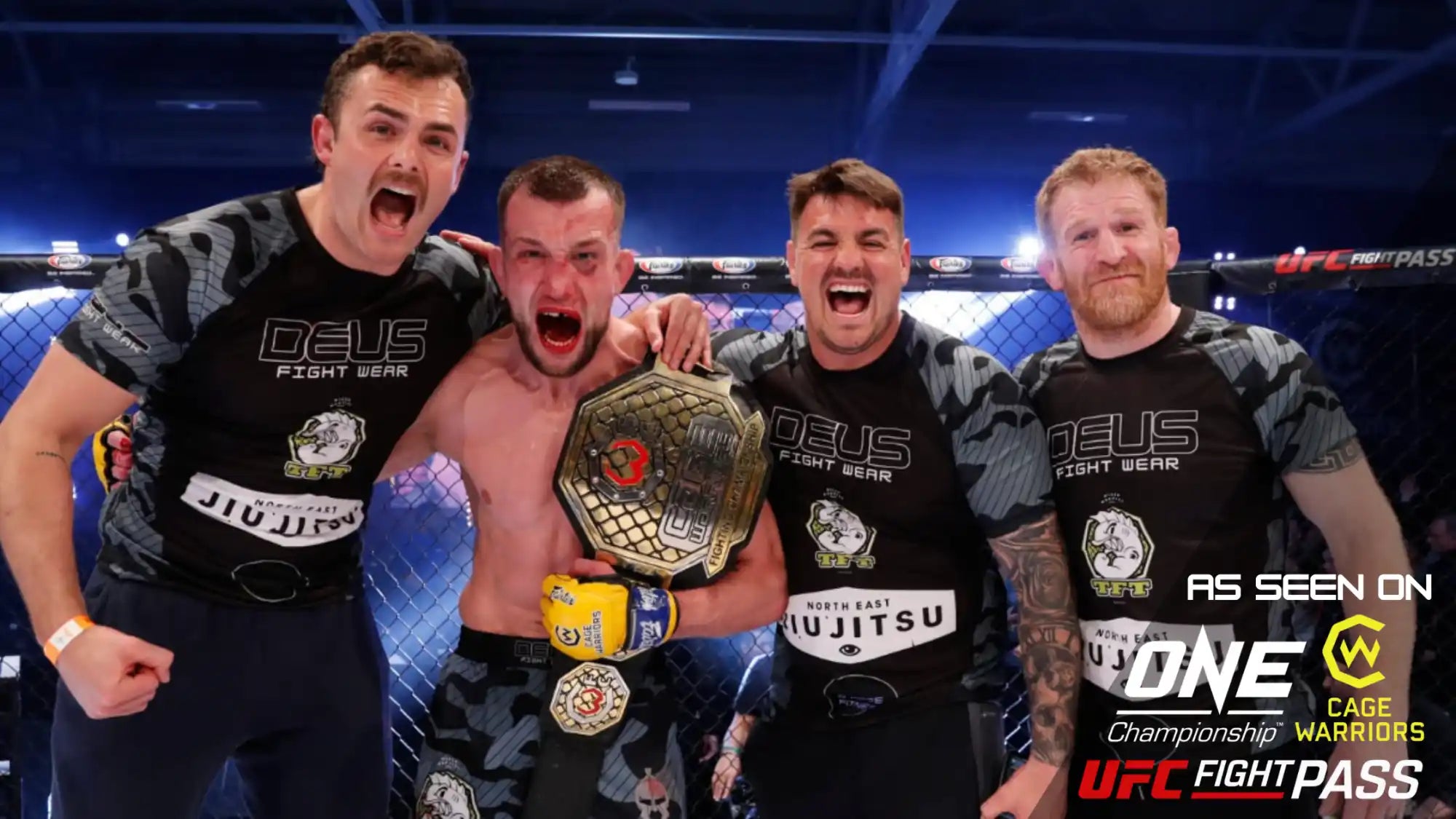 Victorious MMA fighter and team.