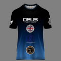 Black and blue fight wear shirt with various logos on a gray background