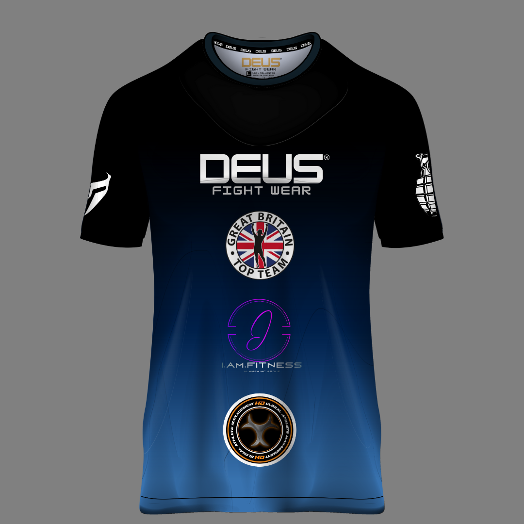 Black and blue fight wear shirt with various logos on a gray background