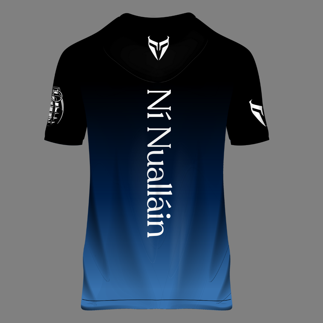 Black and blue sports jersey with 'Ná Nualláin' text on a gray background