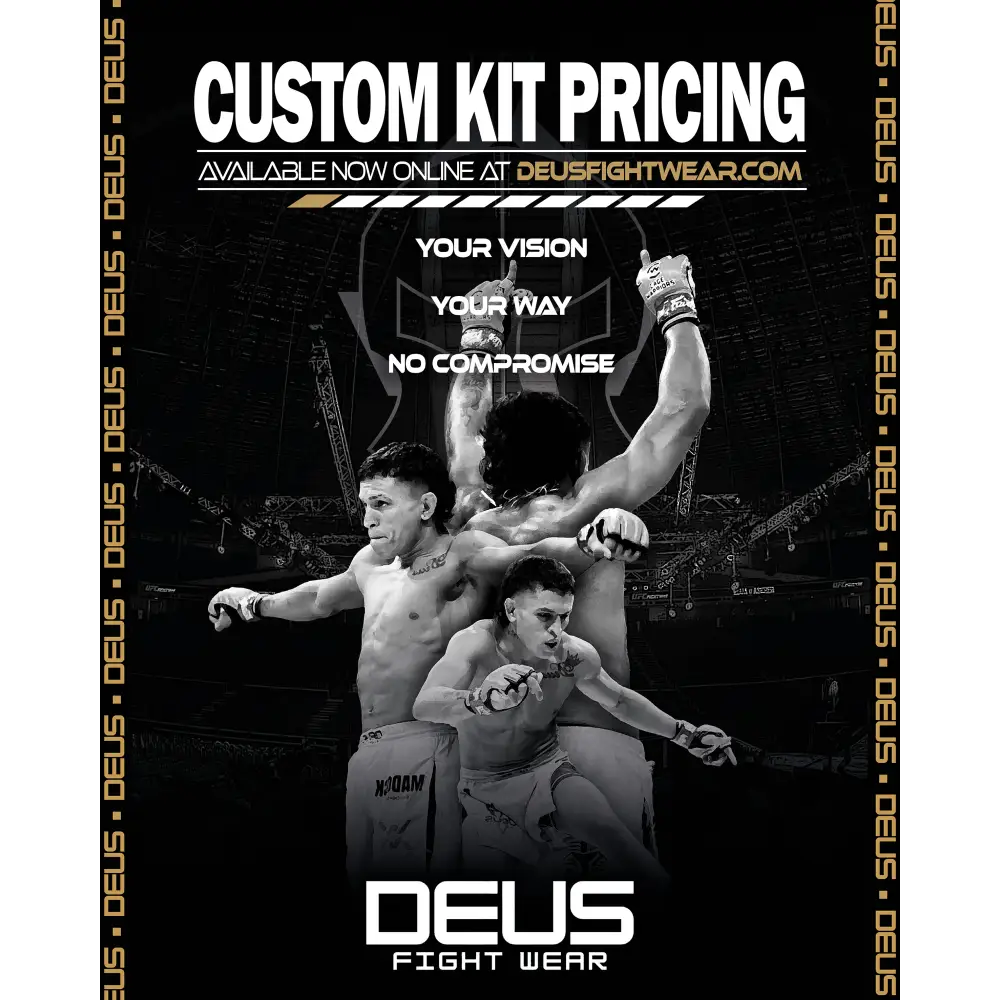 Advertisement for Deus Fight Wear with text about custom kit pricing and a black and white image of fighters.