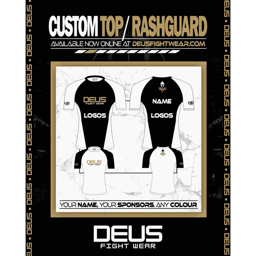 Promotional graphic for Deus Fight Wear custom top and rashguard with customizable options.