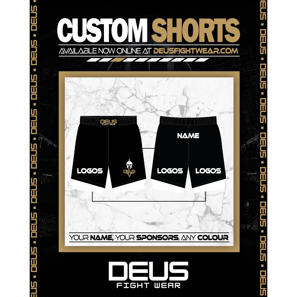 Promotional image of custom shorts with branding and customization options on a marble background.