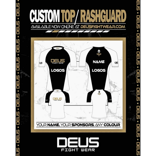 Promotional graphic for Deus Fight Wear custom top and rashguard with customizable options.