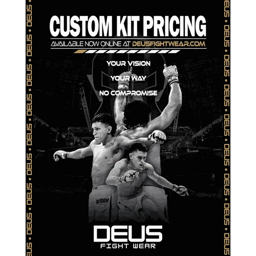 Deus Fight Wear custom MMA kit pricing poster with fighters and branding