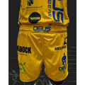 Yellow Wesleey MIAI Custom Fight 2-in-1 Shorts with multiple sponsor logos and DEUS Fight Wear branding